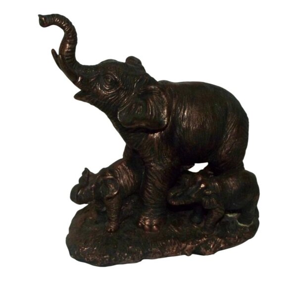 Elephant Family Bronze-Colored Chalkware Figurine 8" Rustic Decor Accent Piece - Picture 2 of 11